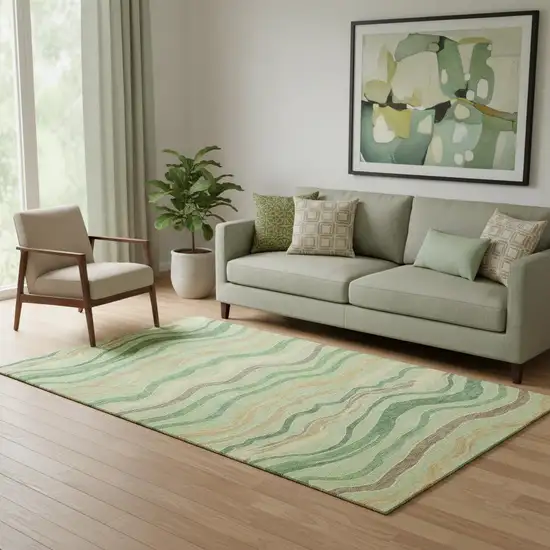 Green Wheat And Ivory Striped Washable Area Rug With UV Protection Photo 2