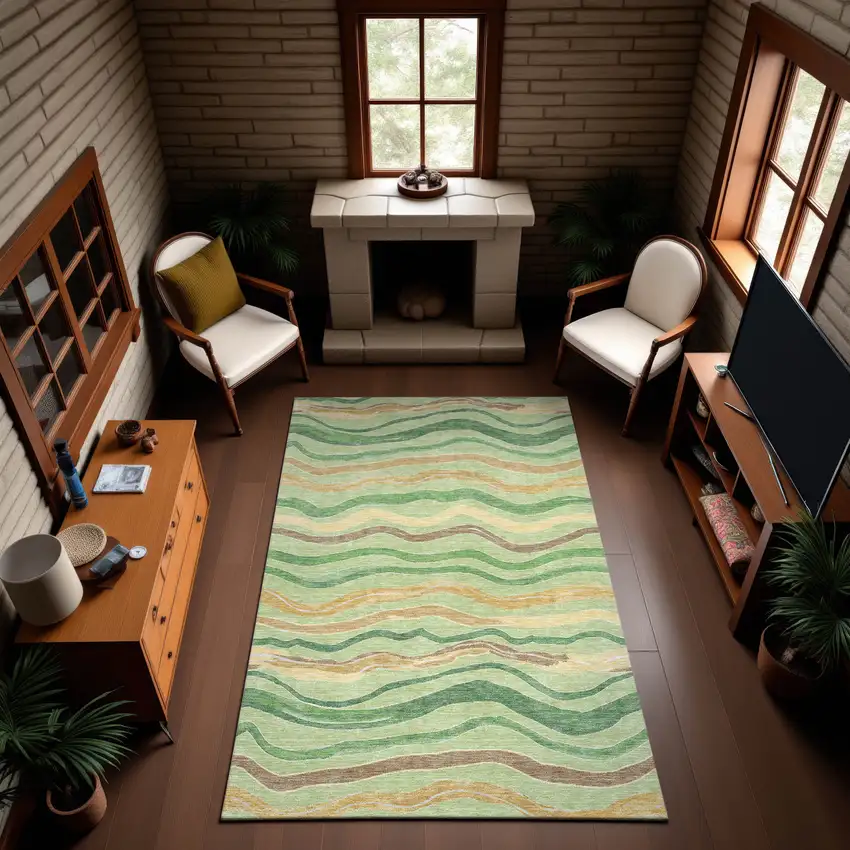 Green Wheat And Ivory Striped Washable Area Rug With UV Protection Photo 4