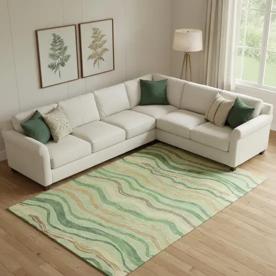 Green Wheat And Ivory Striped Washable Area Rug With UV Protection Photo 2