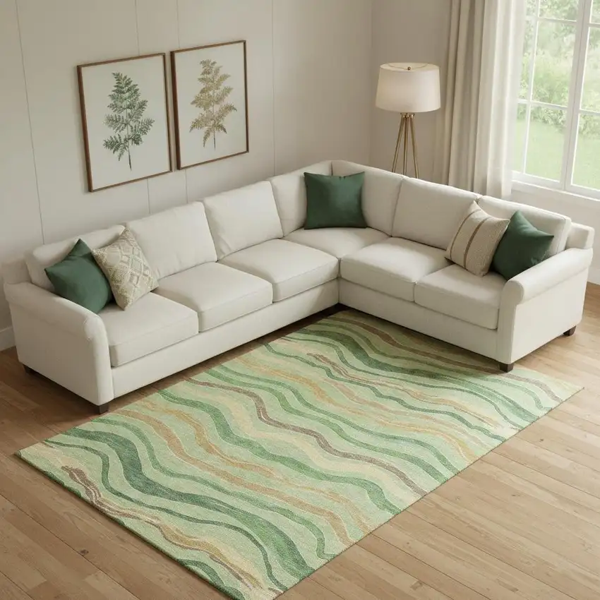Green Wheat And Ivory Striped Washable Area Rug With UV Protection Photo 2