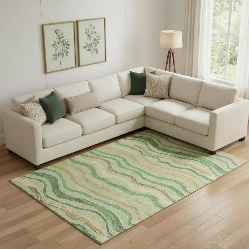 Green Wheat And Ivory Striped Washable Area Rug With UV Protection Photo 2