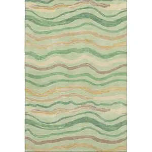 Photo of Green Wheat And Ivory Striped Washable Area Rug With UV Protection