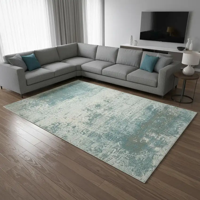 Green White And Gray Abstract Washable Area Rug With UV Protection Photo 1