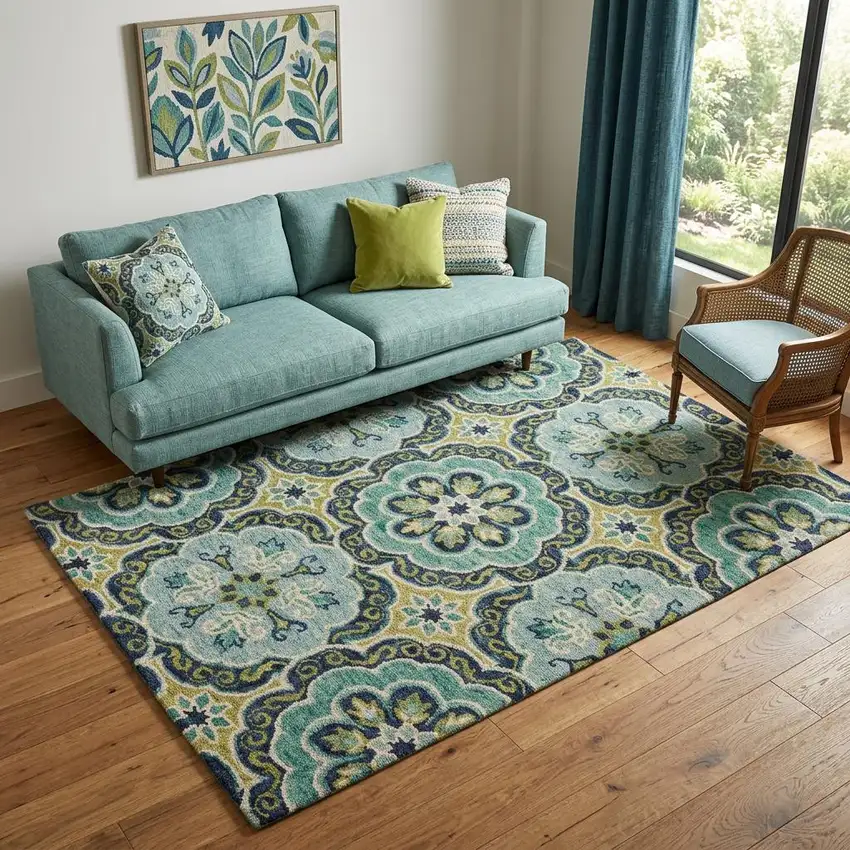 5' X 7' Green Wool Floral Hand Tufted Area Rug Photo 1