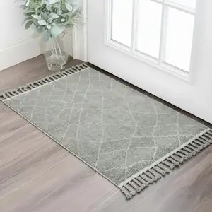 Photo of Green Wool Geometric Hand Knotted Area Rug