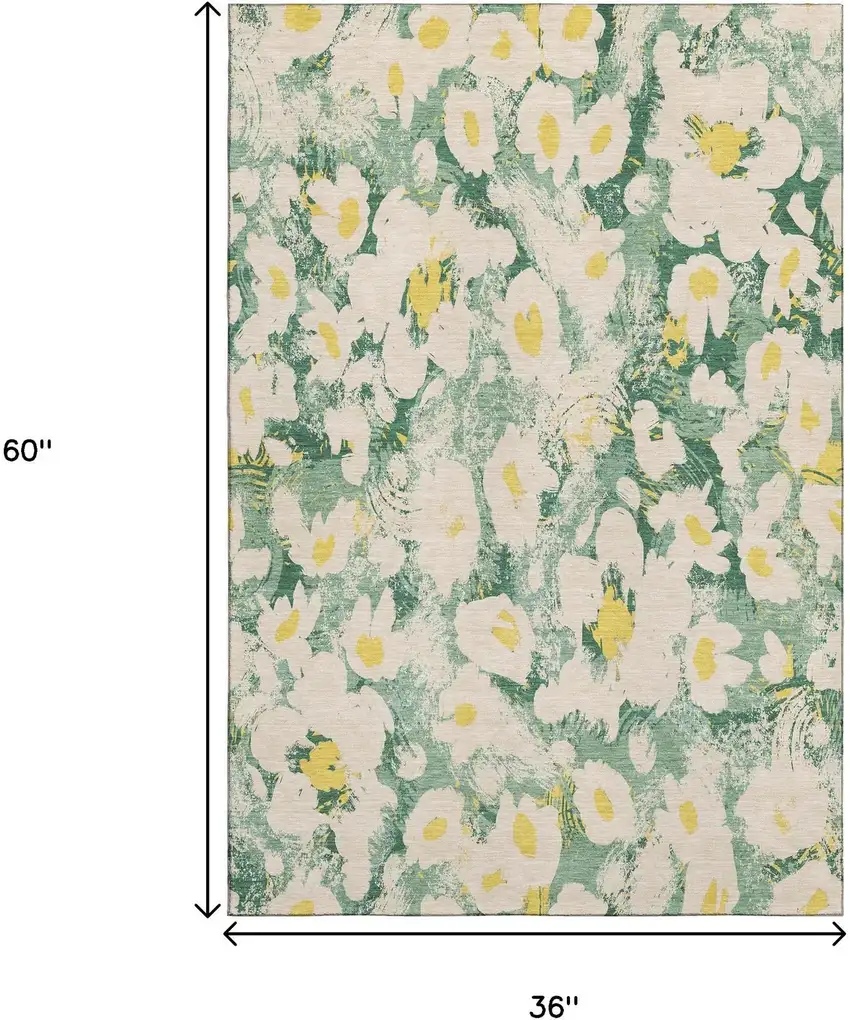 Green Yellow And Ivory Floral Washable Area Rug With UV Protection Photo 3