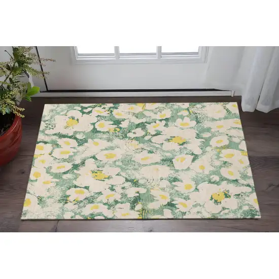 Green Yellow And Ivory Floral Washable Area Rug With UV Protection Photo 2
