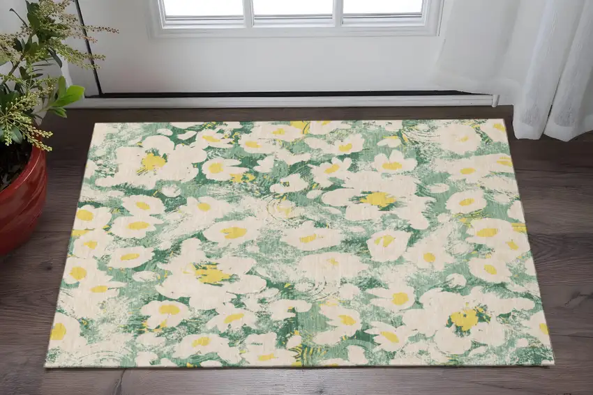 Green Yellow And Ivory Floral Washable Area Rug With UV Protection Photo 2