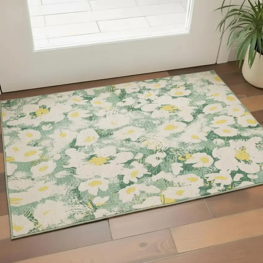 Green Yellow And Ivory Floral Washable Area Rug With UV Protection Photo 1