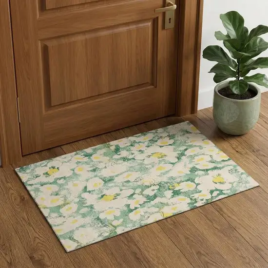 Green Yellow And Ivory Floral Washable Area Rug With UV Protection Photo 1