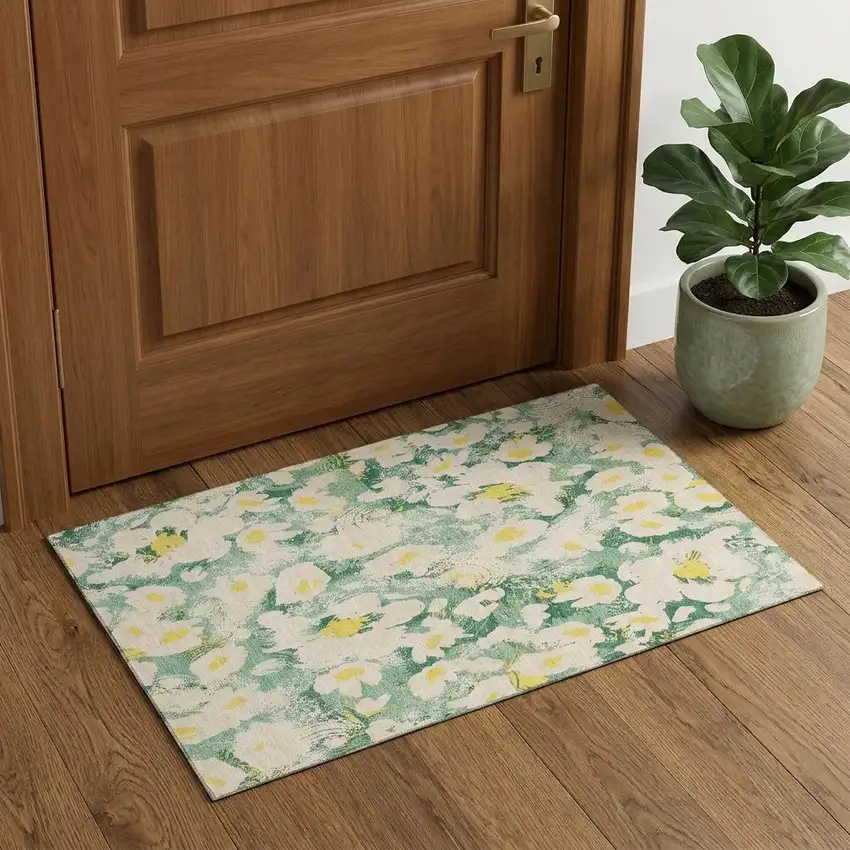 Green Yellow And Ivory Floral Washable Area Rug With UV Protection Photo 1