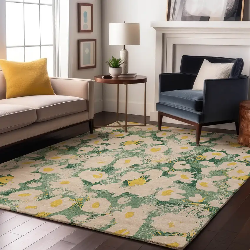 Green Yellow And Ivory Floral Washable Area Rug With UV Protection Photo 5