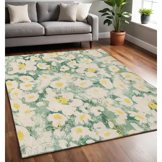 Green Yellow And Ivory Floral Washable Area Rug With UV Protection Photo 2