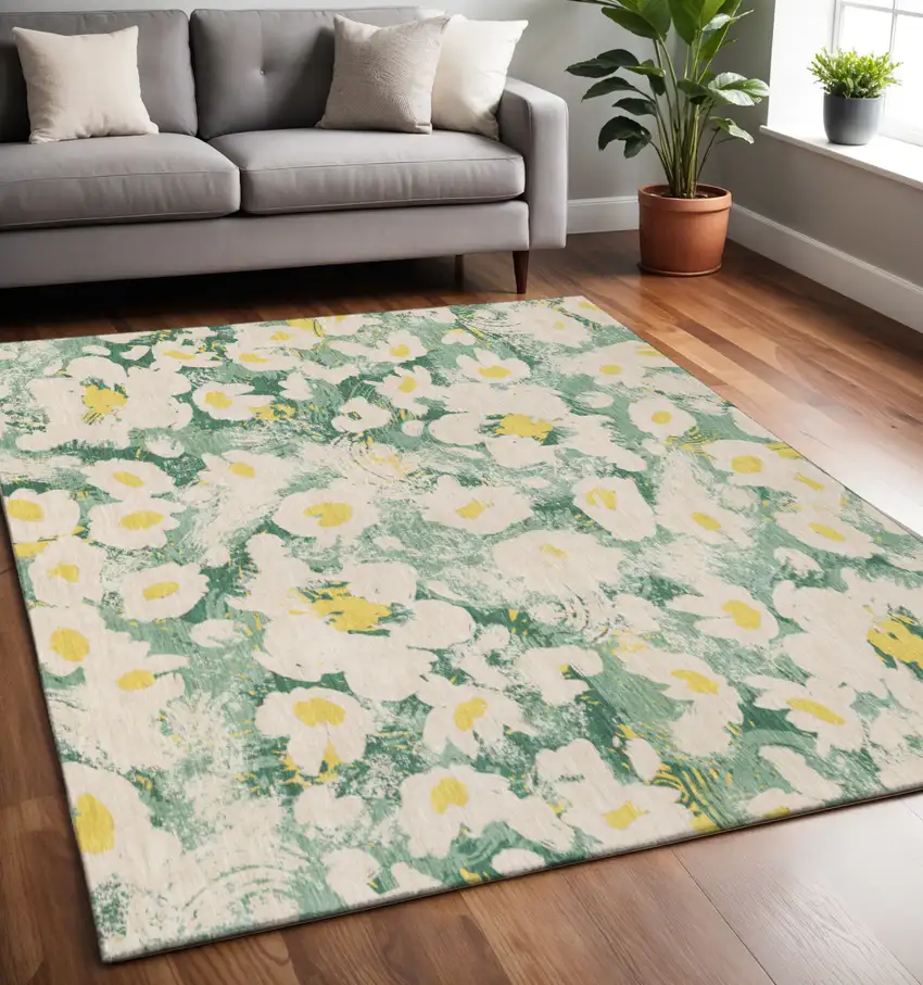 Green Yellow And Ivory Floral Washable Area Rug With UV Protection Photo 2