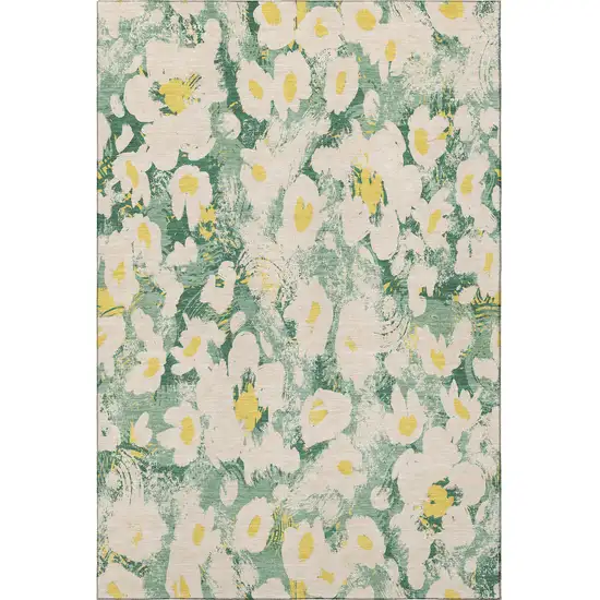 Green Yellow And Ivory Floral Washable Area Rug With UV Protection Photo 4