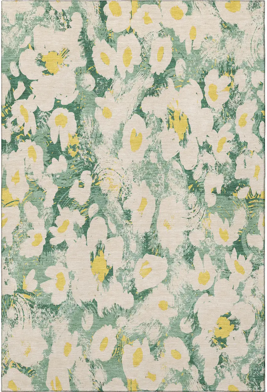 Green Yellow And Ivory Floral Washable Area Rug With UV Protection Photo 4