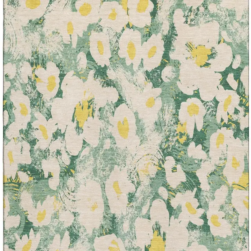Green Yellow And Ivory Floral Washable Area Rug With UV Protection Photo 4
