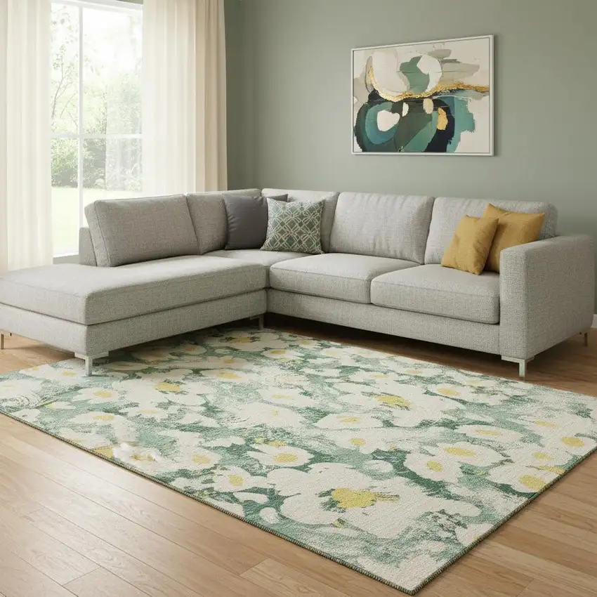 Green Yellow And Ivory Floral Washable Area Rug With UV Protection Photo 1