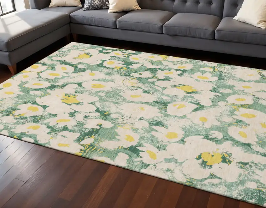 Green Yellow And Ivory Floral Washable Area Rug With UV Protection Photo 2