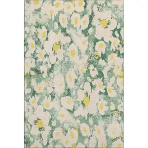 Photo of Green Yellow And Ivory Floral Washable Area Rug With UV Protection