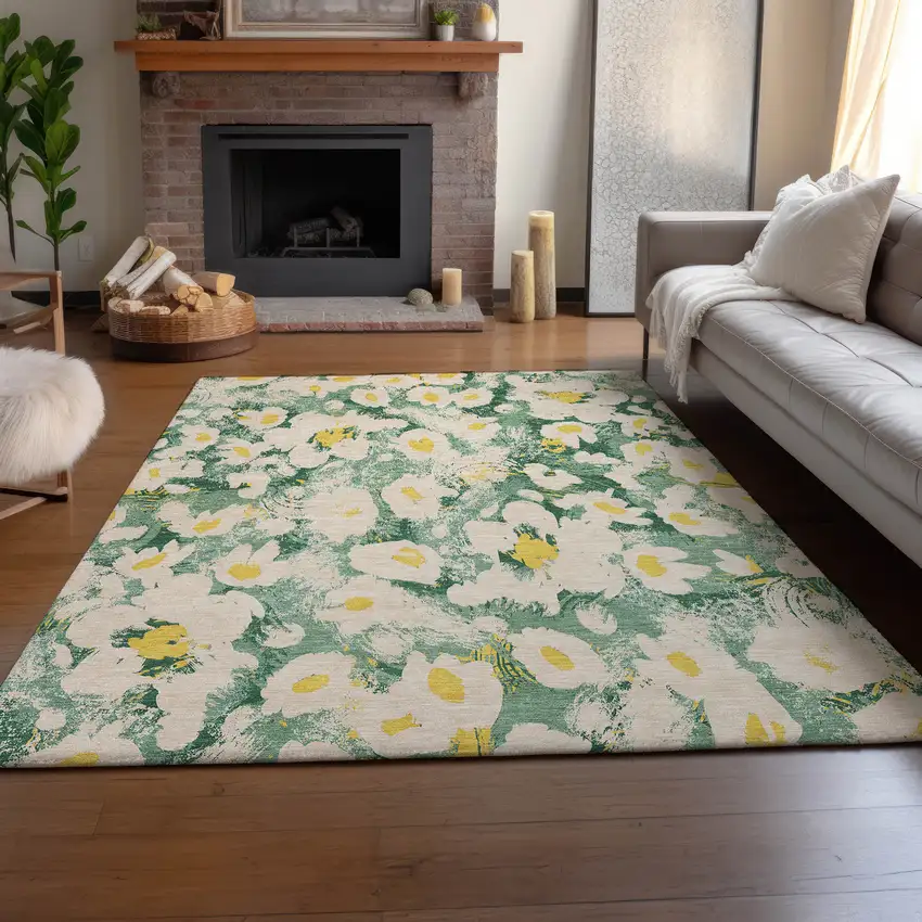 Green Yellow And Ivory Floral Washable Area Rug With UV Protection Photo 6