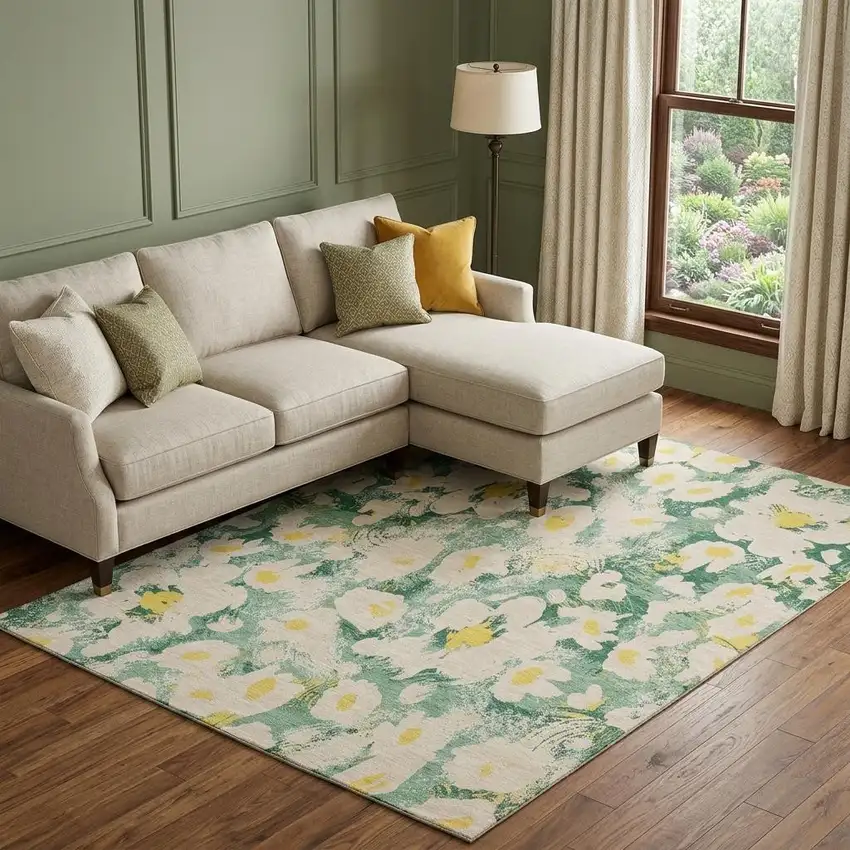 Green Yellow And Ivory Floral Washable Area Rug With UV Protection Photo 1