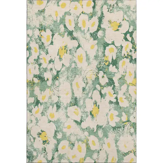 Green Yellow And Ivory Floral Washable Area Rug With UV Protection Photo 1
