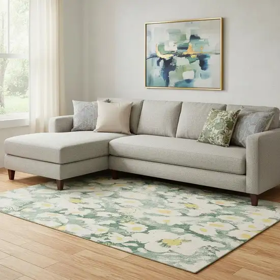 Green Yellow And Ivory Floral Washable Area Rug With UV Protection Photo 1