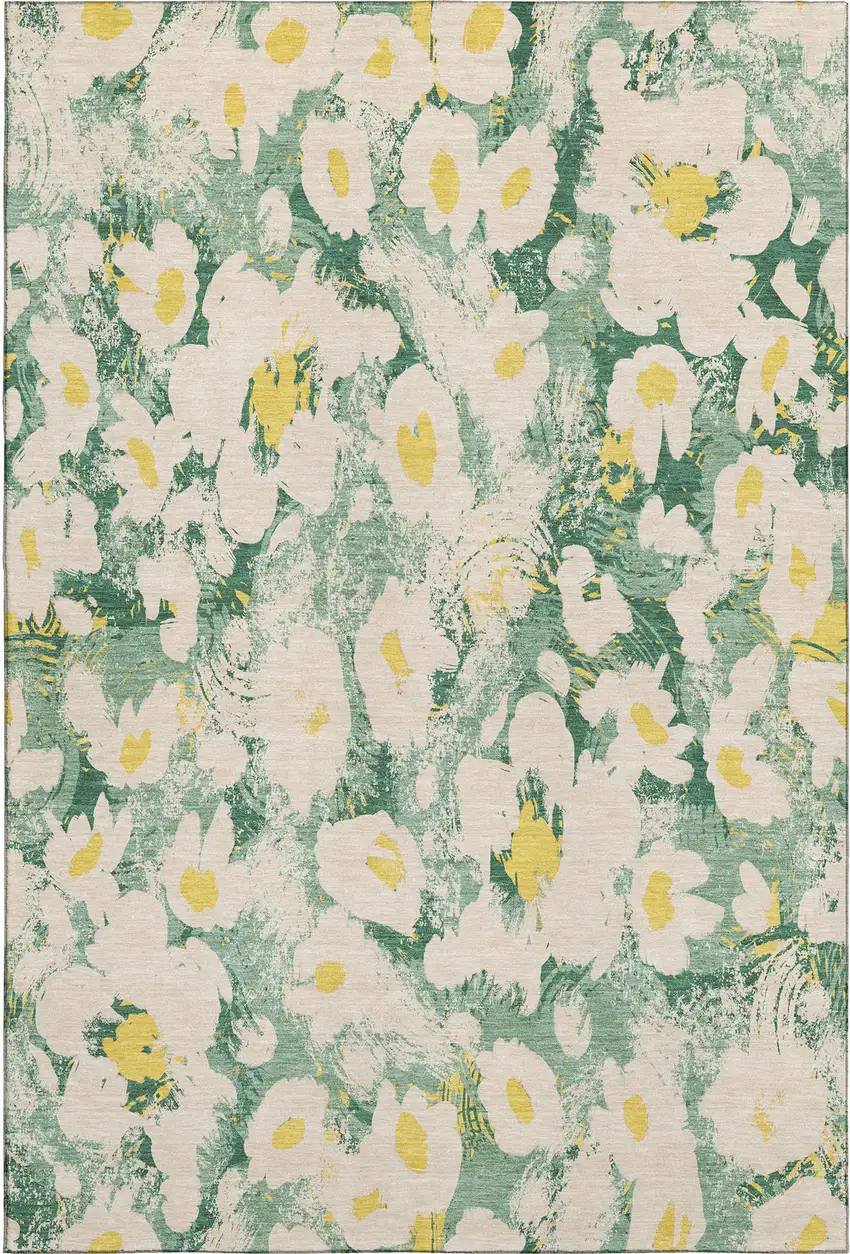 Green Yellow And Ivory Floral Washable Area Rug With UV Protection Photo 1