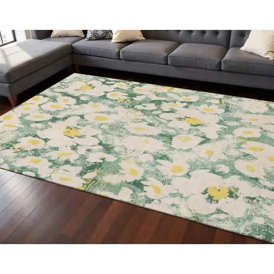 Green Yellow And Ivory Floral Washable Area Rug With UV Protection Photo 2