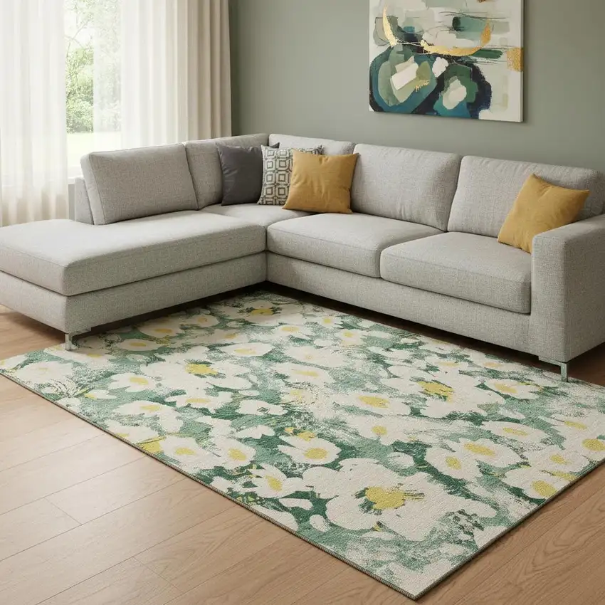 Green Yellow And Ivory Floral Washable Area Rug With UV Protection Photo 1