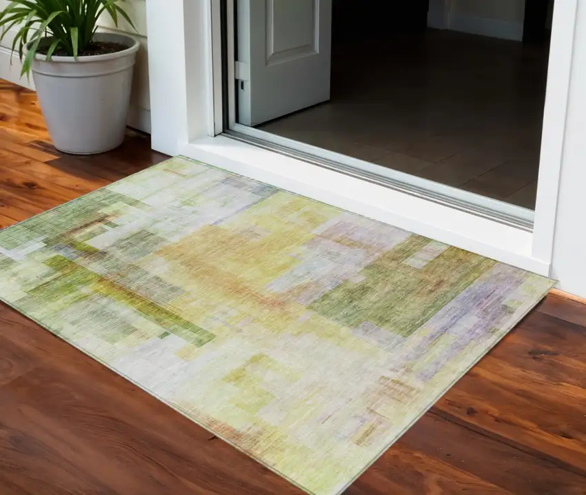 Green Yellow And Purple Abstract Washable Indoor Outdoor Area Rug Photo 1