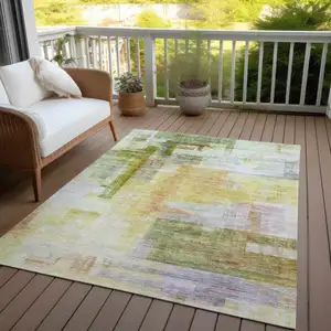 Photo of Green Yellow And Purple Abstract Washable Indoor Outdoor Area Rug