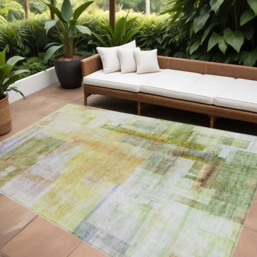 Green Yellow And Purple Abstract Washable Indoor Outdoor Area Rug Photo 1