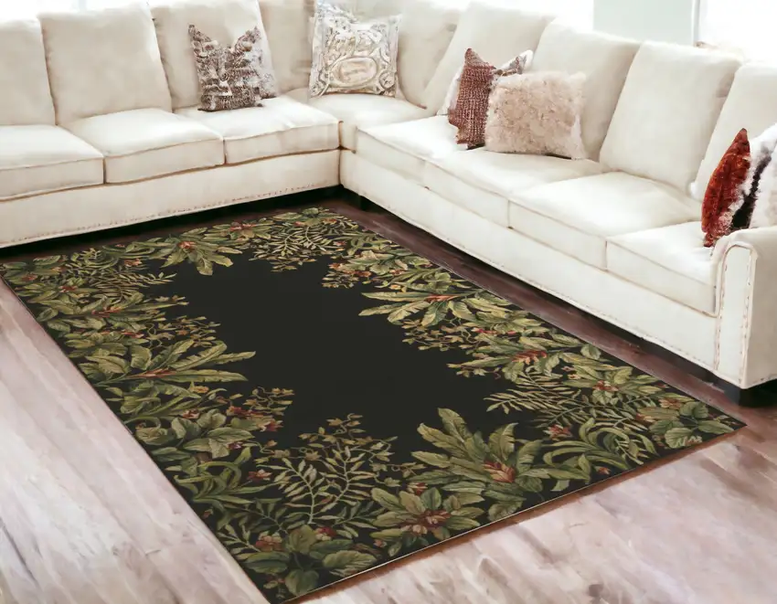 Green and Black Wool Tropical Floral Hand Tufted Area Rug Photo 1