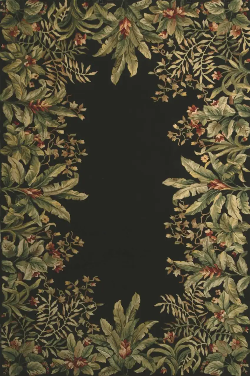 Green and Black Wool Tropical Floral Hand Tufted Area Rug Photo 1