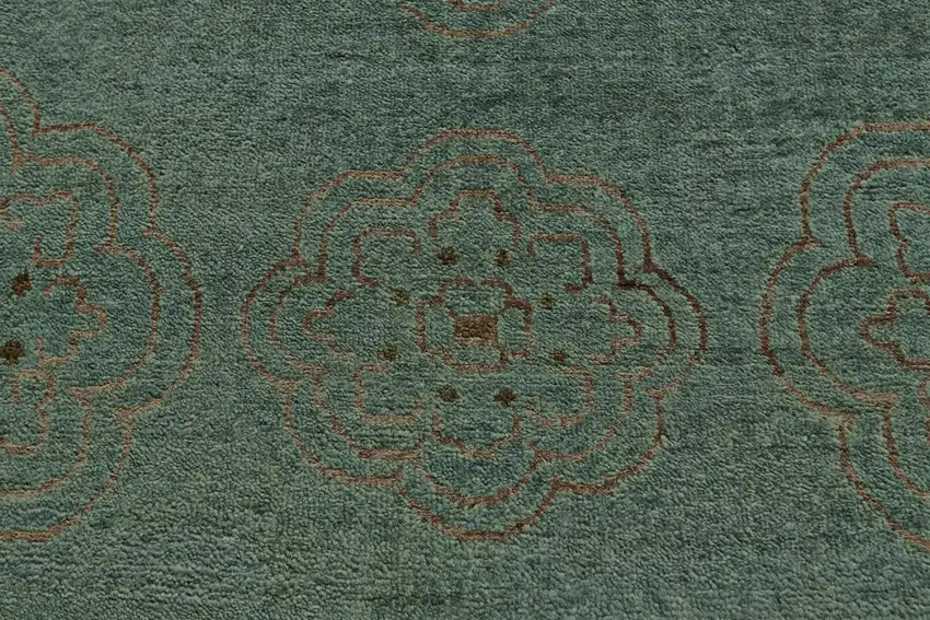 Green and Brown Floral Hand Knotted Worn Faded Area Rug Photo 4