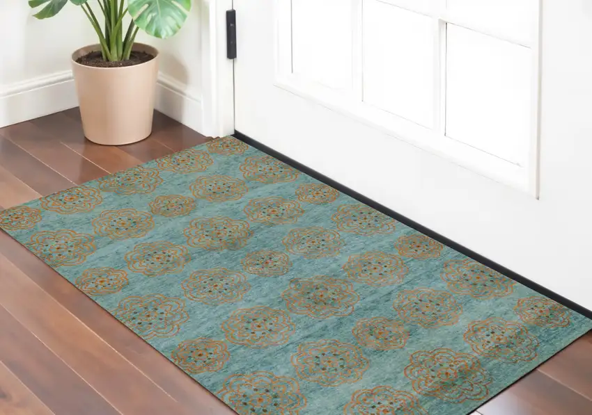 Green and Brown Floral Hand Knotted Worn Faded Area Rug Photo 1