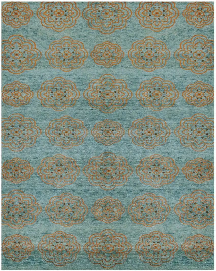Green and Brown Floral Hand Knotted Worn Faded Area Rug Photo 2