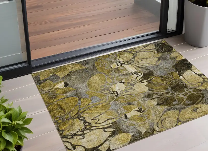 Green and Brown Abstract Washable Indoor Outdoor Area Rug Photo 1