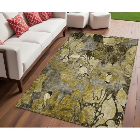 Green and Brown Abstract Washable Indoor Outdoor Area Rug Photo 1