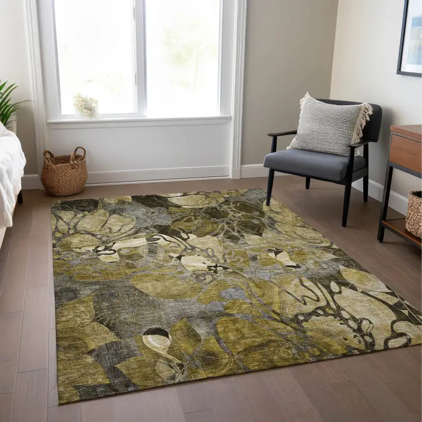 Green And Brown Floral Washable Indoor Outdoor Area Rug Photo 9