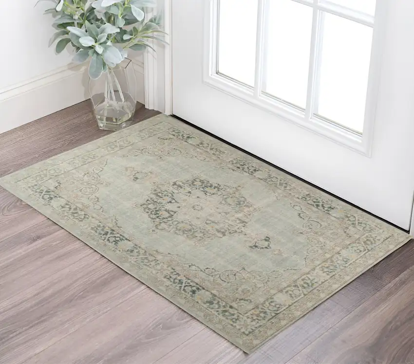 Ivory and Green Medallion Power Loom Worn Faded Area Rug Photo 1