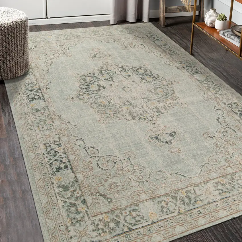 Green and Brown Medallion Power Loom Distressed Area Rug Photo 5