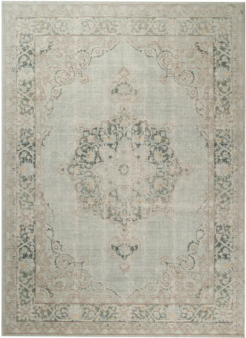 Green and Brown Medallion Power Loom Distressed Area Rug Photo 1