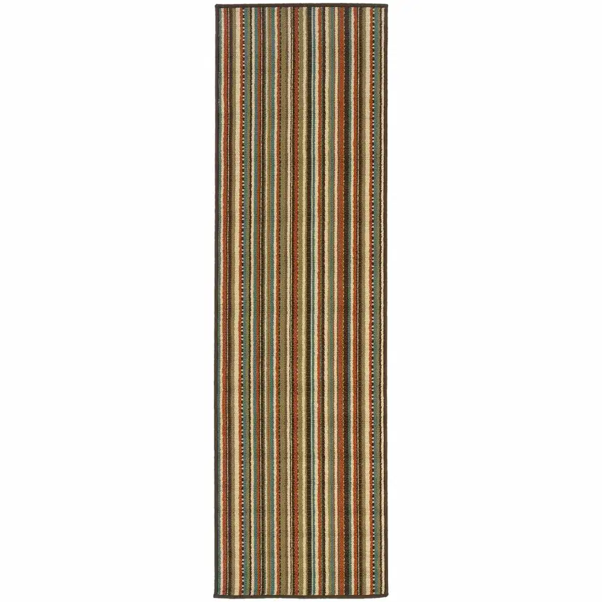 Green and Brown Striped Indoor Outdoor Runner Rug Photo 1