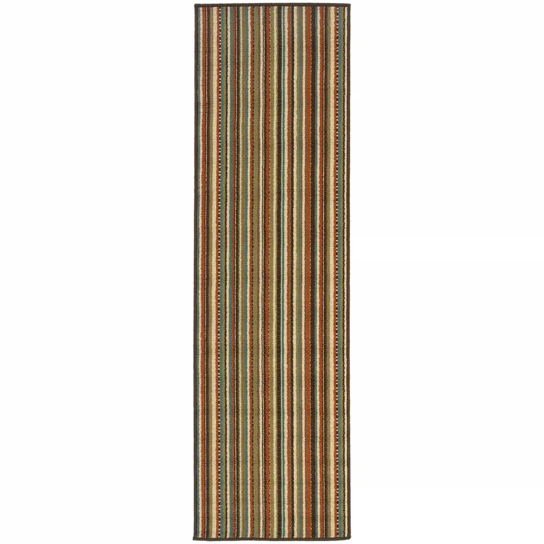 Green and Brown Striped Indoor Outdoor Runner Rug Photo 1