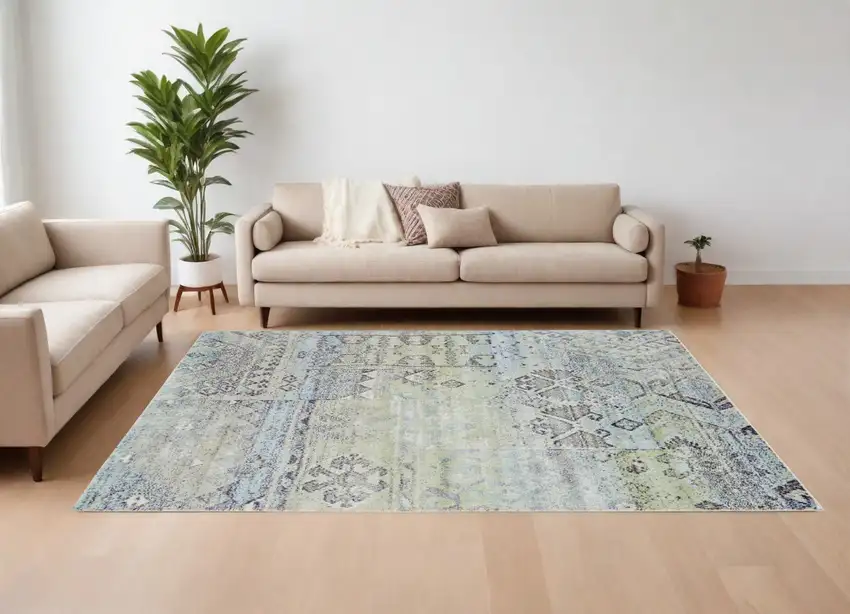 Green and Gray Abstract Power Loom Worn Faded Area Rug Photo 1