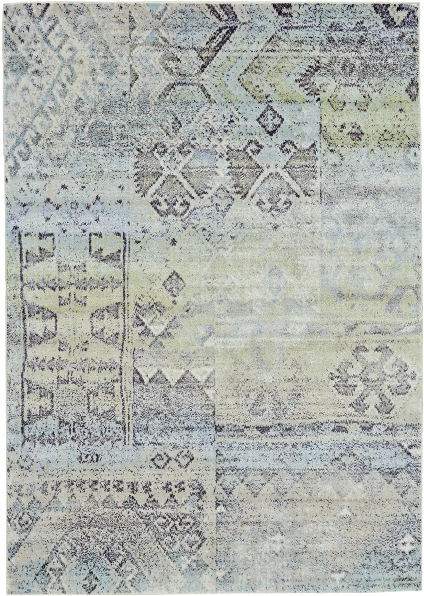 Green and Gray Abstract Power Loom Worn Faded Area Rug Photo 4