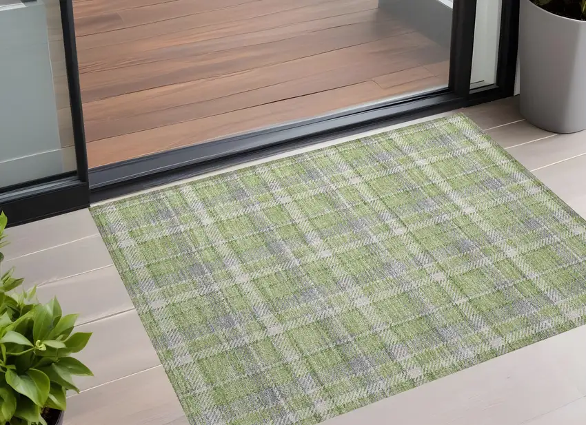 Green and Gray Plaid Washable Non Skid Indoor Outdoor Area Rug Photo 1